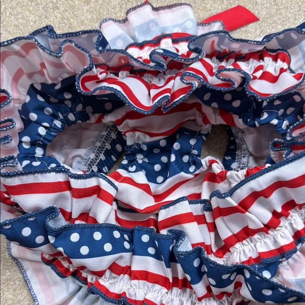 American Flag Ruffle Bloomers, Stripes & Dots with Red Bow, Sz 6-9 Months